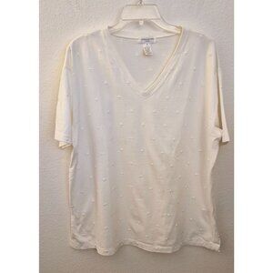 Jones New York Sport White 100% Cotton Relaxed Fit Embroidered V Neck Top 1X EUC